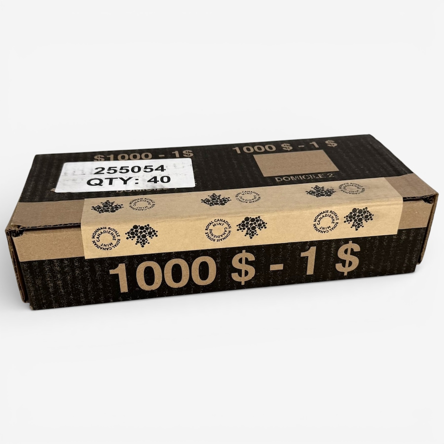 Image 728980_ALTMORE1.jpg, Product 728-980 / Price $2,195.00, 2026 Lucky Loonie Complete Mint Box of $1 Special Wrap Rolls plus Bonus Roll (not issued for circulation; 1,025 coins total) from Royal Canadian Mint (RCM) on TSC.ca's Coins department