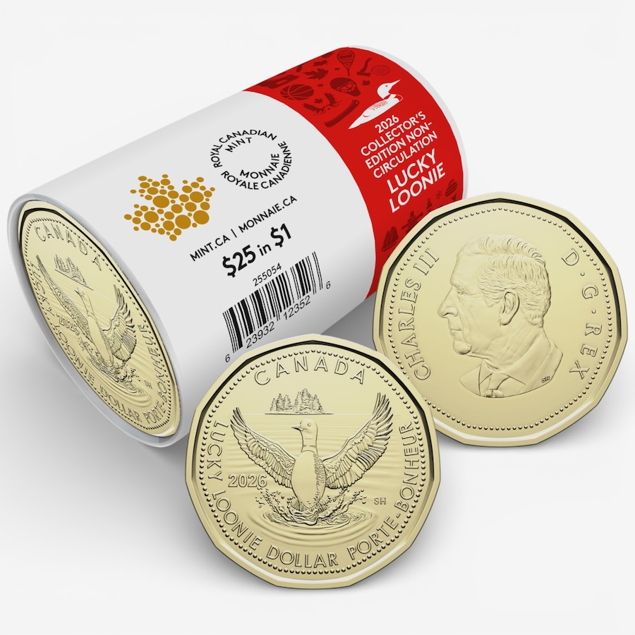 Image 728980_ALTMORE2.jpg, Product 728-980 / Price $2,195.00, 2026 Lucky Loonie Complete Mint Box of $1 Special Wrap Rolls plus Bonus Roll (not issued for circulation; 1,025 coins total) from Royal Canadian Mint (RCM) on TSC.ca's Coins department