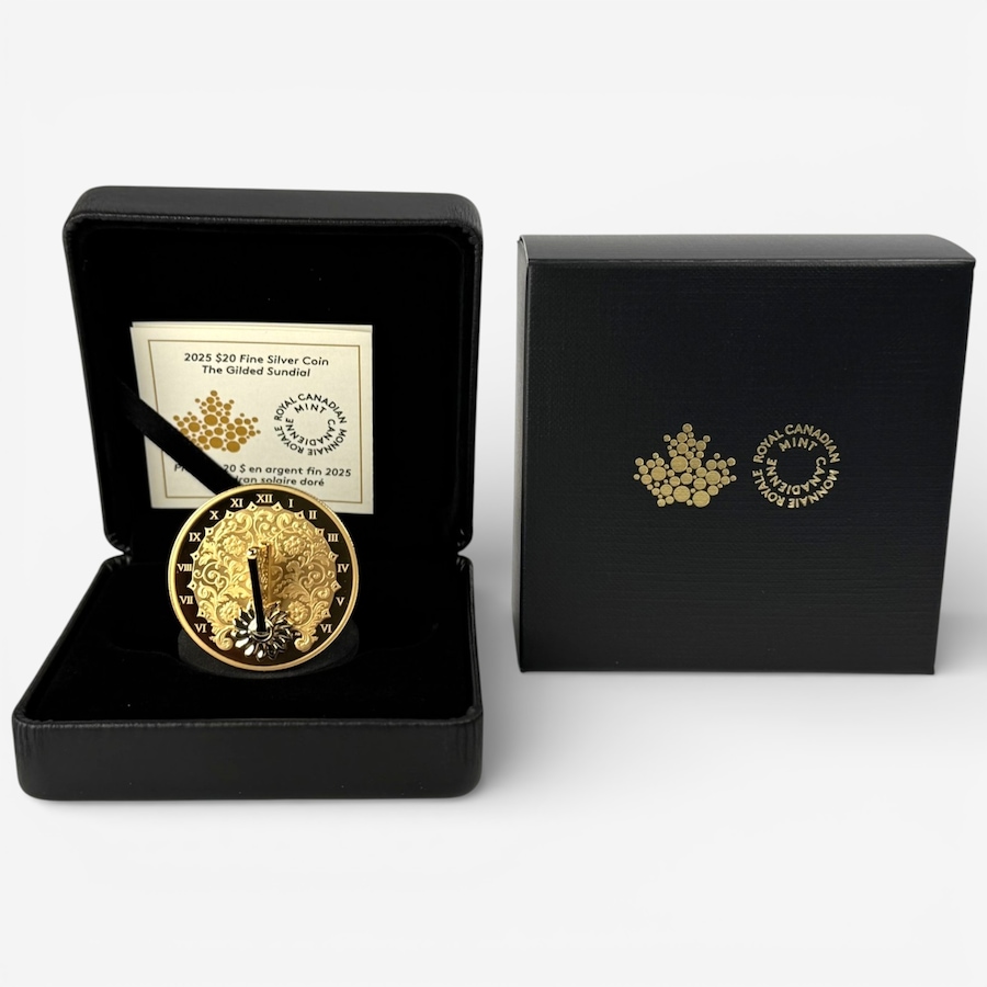 Image 728992.jpg, Product 728-992 / Price $289.95, 2025 $20 Gold Gilded Fine Silver 3D Sundial Coin from Royal Canadian Mint (RCM) on TSC.ca's Coins department