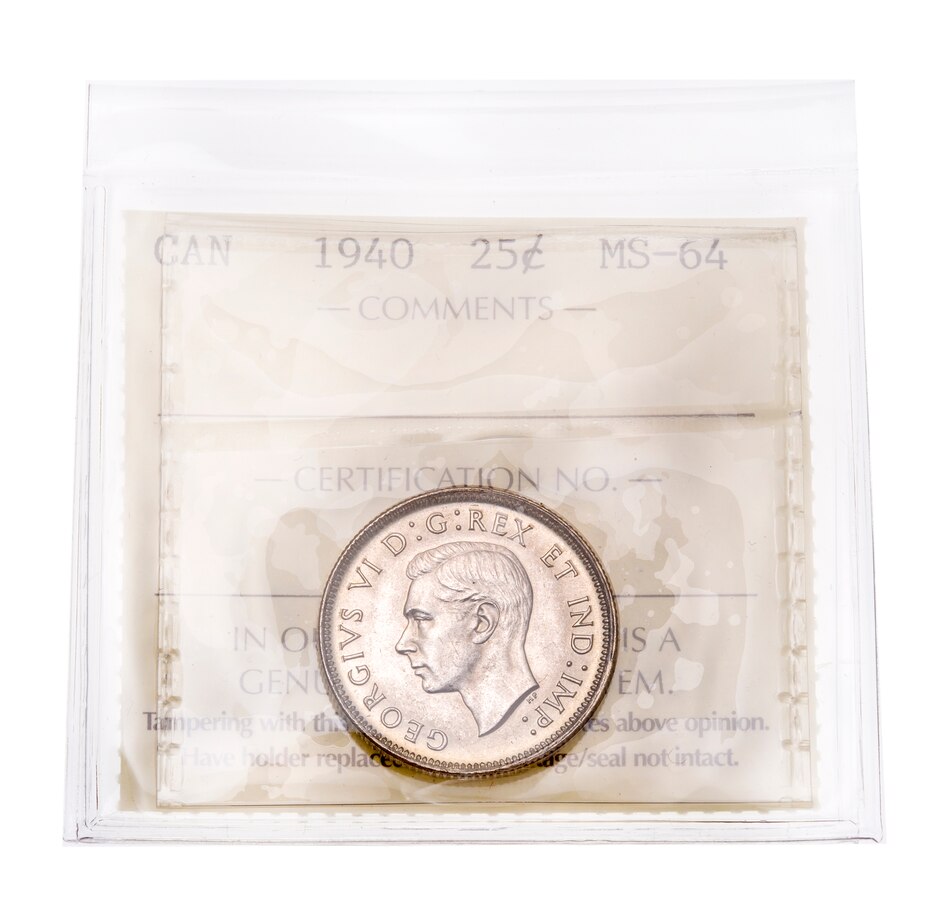 Image 729211.jpg, Product 729-211 / Price $249.95, 1940 Gem Uncirculated 25-Cent ICCS Certified MS-64 from Canadian Coin & Currency on TSC.ca's Coins department