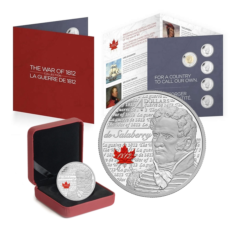 Image 729364.jpg, Product 729-364 / Price $49.95, $4 2013 Charles de Salaberry Heroes of the War of 1812 Fine Silver Coin plus Bonus Regular and Coloured 25-Cent Coins from Royal Canadian Mint (RCM) on TSC.ca's Coins department