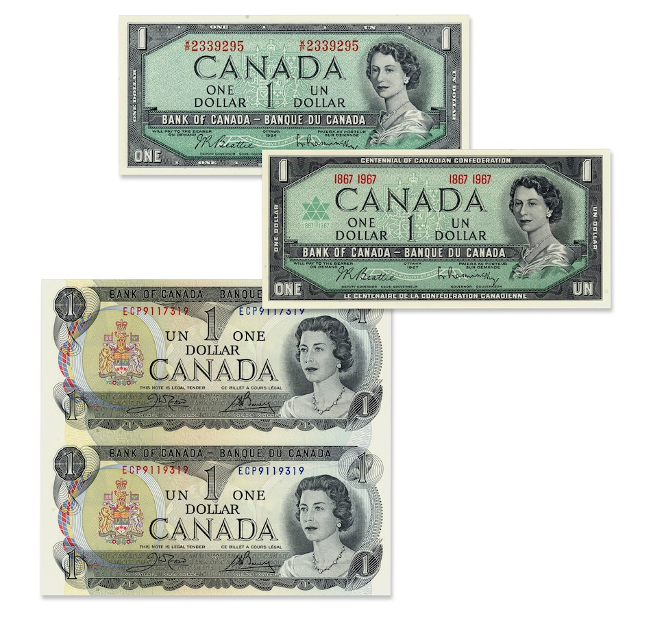 Image 729365.jpg, Product 729-365 / Price $49.95, Last Three Issues of $1 Banknotes: 1954 Modified, 1967, 1973 Uncut Pair from Canadian Coin & Currency on TSC.ca's Coins department