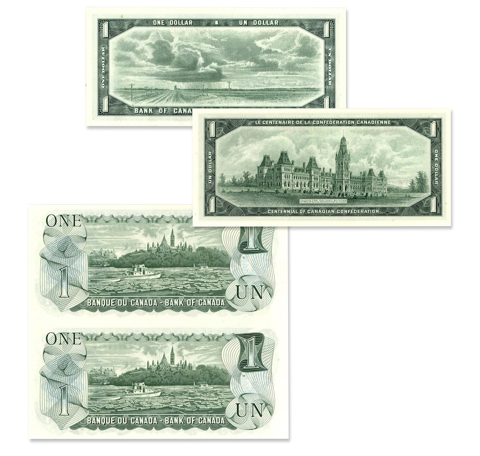 Image 729365_ALTMORE1.jpg, Product 729-365 / Price $49.95, Last Three Issues of $1 Banknotes: 1954 Modified, 1967, 1973 Uncut Pair from Canadian Coin & Currency on TSC.ca's Coins department