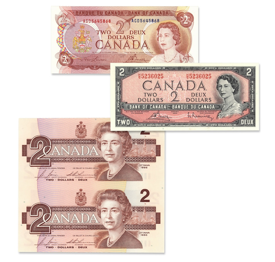 Image 729366.jpg, Product 729-366 / Price $49.95, Last Three Issues of $2 Banknotes: 1954 Modified, 1974, 1986 Uncut Pair from Canadian Coin & Currency on TSC.ca's Coins department
