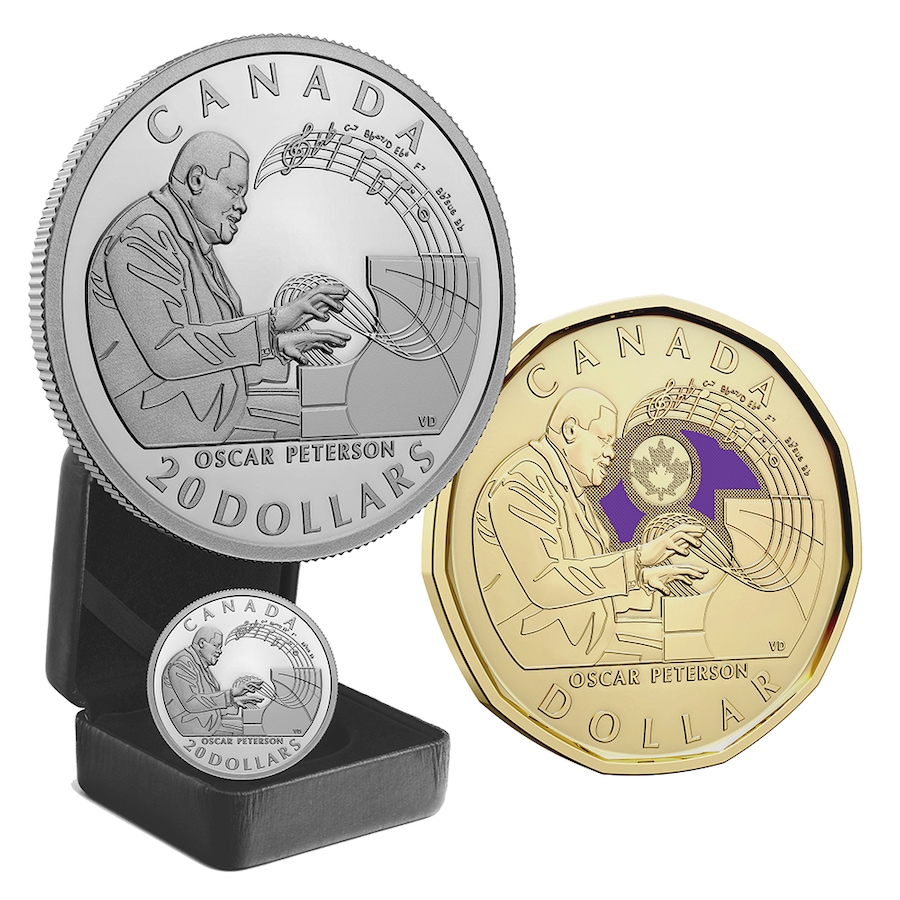 Image 729431.jpg, Product 729-431 / Price $189.95, 2022 $20 Fine Silver Oscar Peterson Coin plus Bonus 2022 Oscar Peterson $1 Coin in Colour from Royal Canadian Mint (RCM) on TSC.ca's Coins department