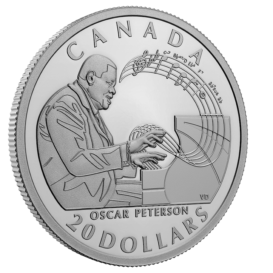 Image 729431_ALTMORE1.jpg, Product 729-431 / Price $189.95, 2022 $20 Fine Silver Oscar Peterson Coin plus Bonus 2022 Oscar Peterson $1 Coin in Colour from Royal Canadian Mint (RCM) on TSC.ca's Coins department