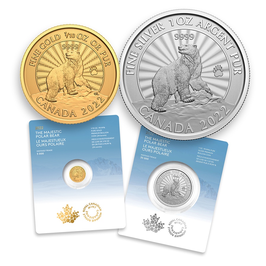 Image 729969.jpg, Product 729-969 / Price $459.90, Gold and Silver 2022 $5 Polar Bear Coin Set (1/10-ounce fine gold and one-ounce fine silver) from Royal Canadian Mint (RCM) on TSC.ca's Coins department