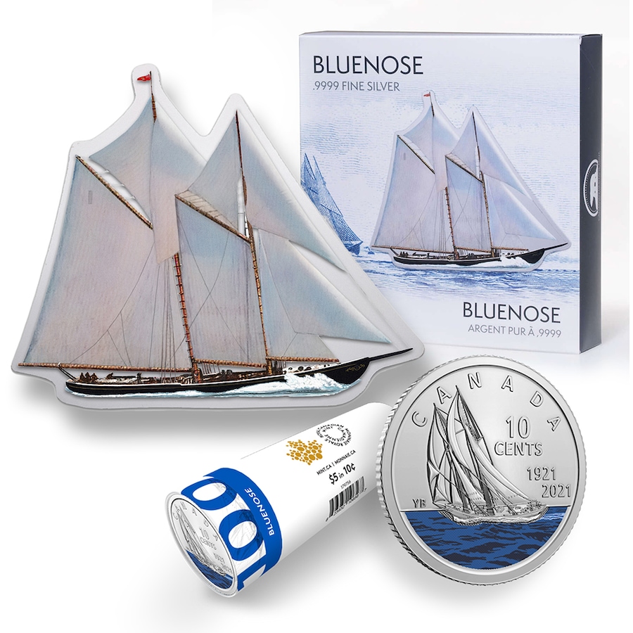 Image 729971.jpg, Product 729-971 / Price $349.95, Real Shape Iconic Canada 100 Grams Fine Silver Bluenose Schooner from Canadian Heritage Mint on TSC.ca's Coins department