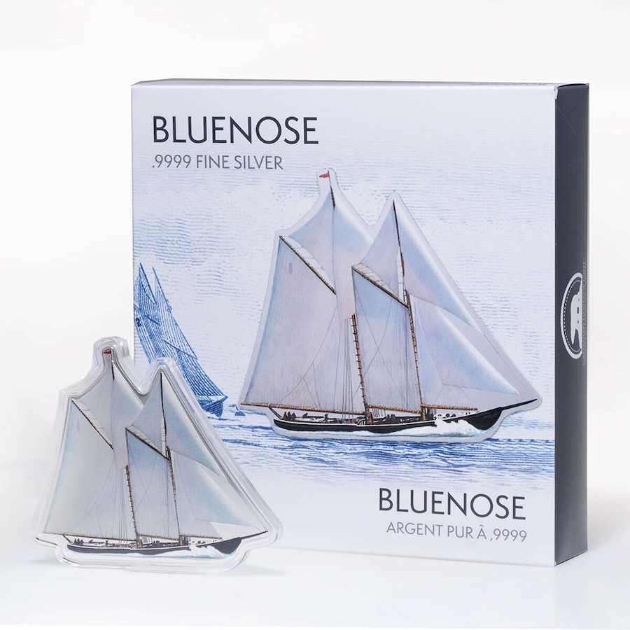 Image 729971_ALTMORE6.jpg, Product 729-971 / Price $349.95, Real Shape Iconic Canada 100 Grams Fine Silver Bluenose Schooner from Canadian Heritage Mint on TSC.ca's Coins department
