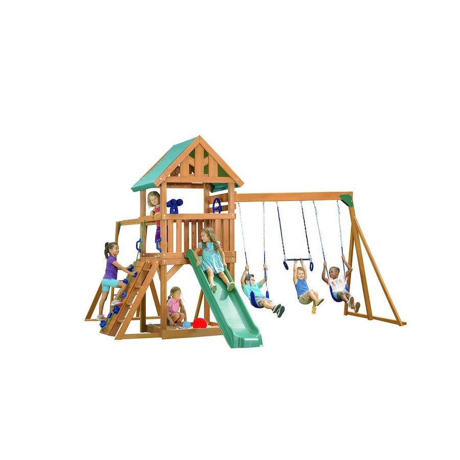 Image 730785.jpg, Product 730-785 / Price $2,699.99, Creative Cedar Designs Mountain View Swing Set with Blue Accessories and Green Slide from Creative Cedar Designs on TSC.ca's Home & Garden department