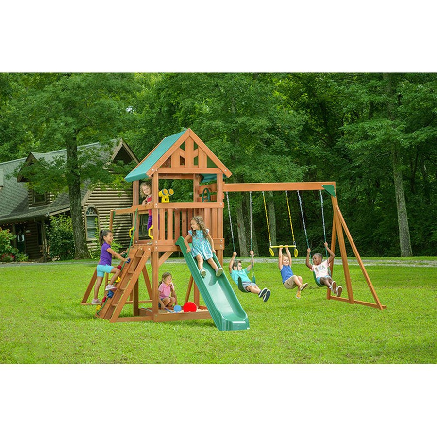 Image 730785_ALTMORE6.jpg, Product 730-785 / Price $2,699.99, Creative Cedar Designs Mountain View Swing Set with Blue Accessories and Green Slide from Creative Cedar Designs on TSC.ca's Home & Garden department