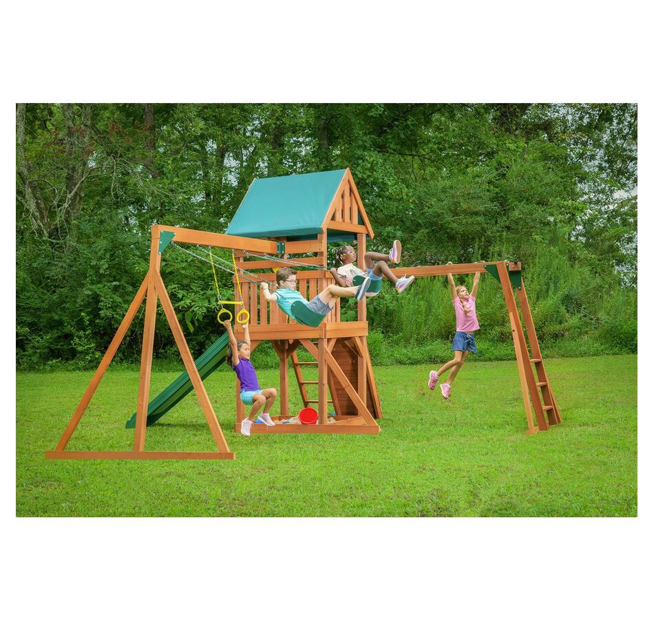 Image 730808_ALTMORE3.jpg, Product 730-808 / Price $2,699.99, Creative Cedar Designs Mountain View Swing Set with Yellow Accessories and Green Slide from Creative Cedar Designs on TSC.ca's Home & Garden department