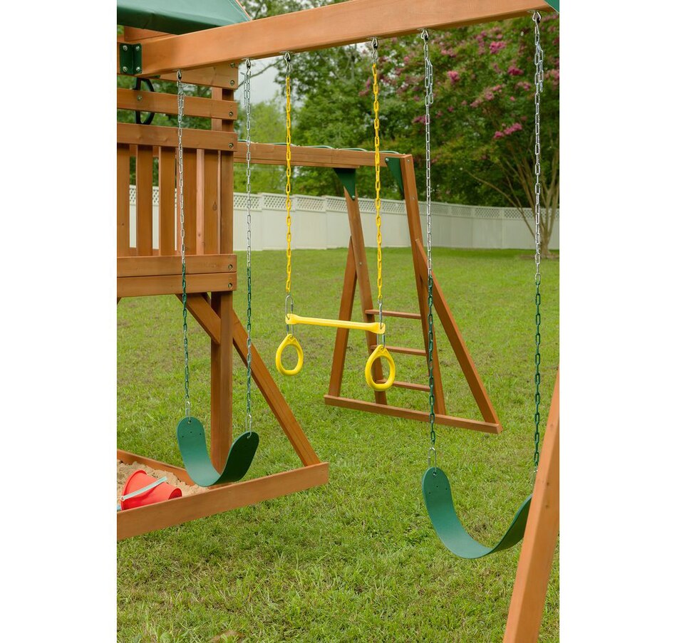 Image 730808_ALTMORE6.jpg, Product 730-808 / Price $2,699.99, Creative Cedar Designs Mountain View Swing Set with Yellow Accessories and Green Slide from Creative Cedar Designs on TSC.ca's Home & Garden department