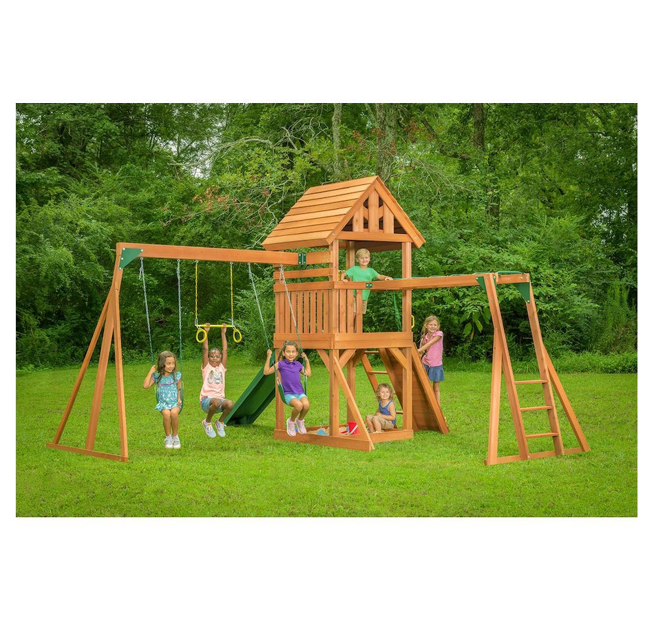 Image 730810_ALTMORE2.jpg, Product 730-810 / Price $2,799.99, Creative Cedar Designs Mountain View Lodge Swing Set with Multi-Coloured Accessories and Green Slide from Creative Cedar Designs on TSC.ca's Home & Garden department