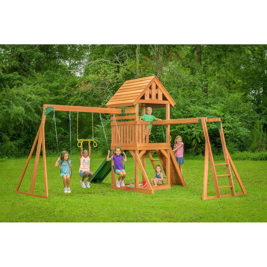 Image 730810_ALTMORE2.jpg, Product 730-810 / Price $2,799.99, Creative Cedar Designs Mountain View Lodge Swing Set with Multi-Coloured Accessories and Green Slide from Creative Cedar Designs on TSC.ca's Home & Garden department
