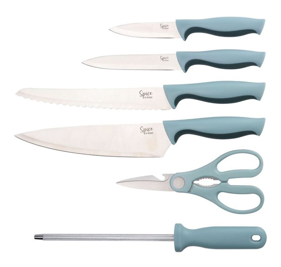 Image 730995_ALTMORE3.jpg, Product 730-995 / Price $59.99, Tia Mowry 7-Piece Cutlery Set with Block (teal handle, stainless steel) from Spice by Tia Mowry on TSC.ca's Kitchen department