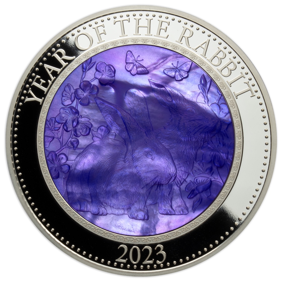 Image 731046.jpg, Product 731-046 / Price $949.95, 2023 Year of the Rabbit $25 Cook Islands Five-Ounce Fine Silver Coin with Engraved Mother of Pearl Design from Canadian Coin & Currency on TSC.ca's Coins department