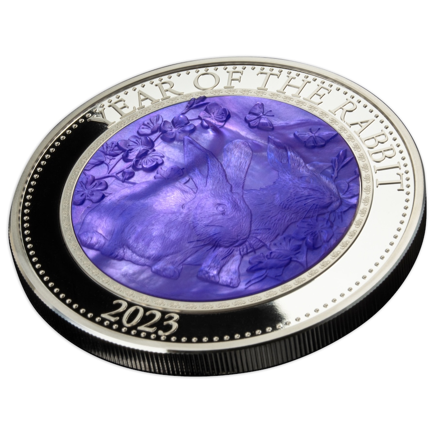 Image 731046_ALTMORE2.jpg, Product 731-046 / Price $949.95, 2023 Year of the Rabbit $25 Cook Islands Five-Ounce Fine Silver Coin with Engraved Mother of Pearl Design from Canadian Coin & Currency on TSC.ca's Coins department