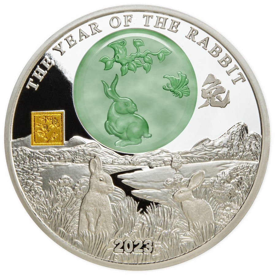 Image 731055.jpg, Product 731-055 / Price $489.95, 2023 Lunar Year of the Rabbit Fine Silver Coin Burundi 25 Francs with Genuine Jade Inlay from Canadian Coin & Currency on TSC.ca's Coins department