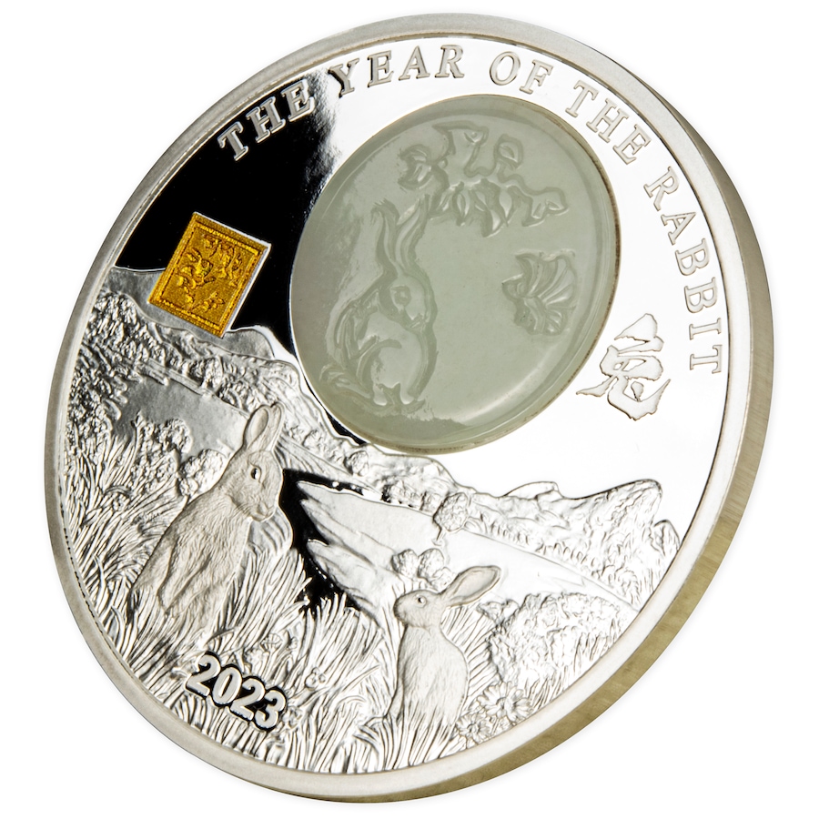 Image 731055_ALTMORE2.jpg, Product 731-055 / Price $489.95, 2023 Lunar Year of the Rabbit Fine Silver Coin Burundi 25 Francs with Genuine Jade Inlay from Canadian Coin & Currency on TSC.ca's Coins department