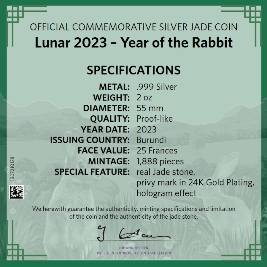 Image 731055_ALTMORE5.jpg, Product 731-055 / Price $489.95, 2023 Lunar Year of the Rabbit Fine Silver Coin Burundi 25 Francs with Genuine Jade Inlay from Canadian Coin & Currency on TSC.ca's Coins department