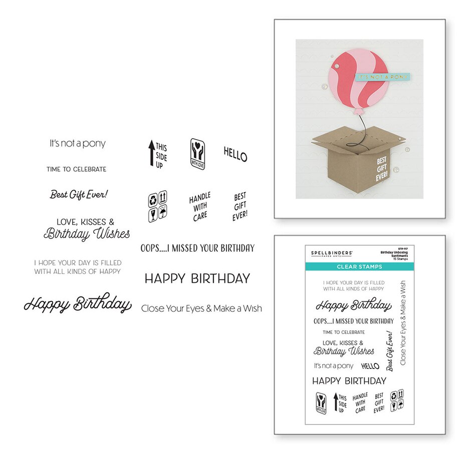Image 731659.jpg, Product 731-659 / Price $24.99, Spellbinders Birthday Unboxing Sentiments Stamp Set from Spellbinders on TSC.ca's Home & Garden department