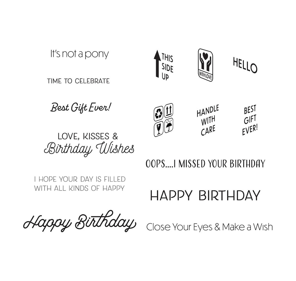 Image 731659_ALTMORE1.jpg, Product 731-659 / Price $24.99, Spellbinders Birthday Unboxing Sentiments Stamp Set from Spellbinders on TSC.ca's Home & Garden department