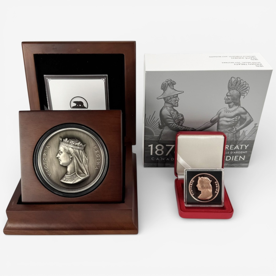 Image 732060_ALTMORE1.jpg, Product 732-060 / Price $1,895.00, 1876 Indian Treaty Medal Restrike - 10-Ounce Fine Silver with Antique Finish from Canadian Coin & Currency on TSC.ca's Coins department