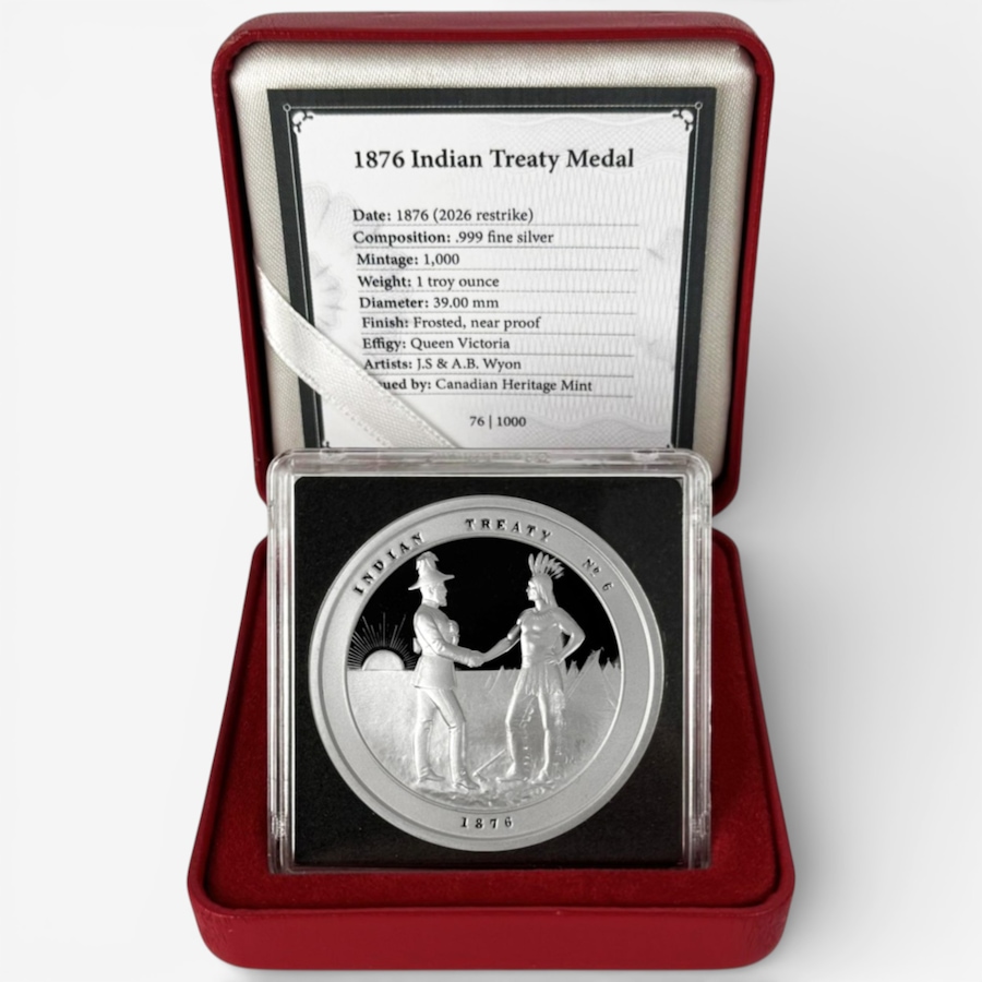 Image 732061_ALTMORE1.jpg, Product 732-061 / Price $189.95, 1876 Indian Treaty Medal Restrike - 1-Ounce Fine Silver Small Format Issue from Canadian Coin & Currency on TSC.ca's Coins department