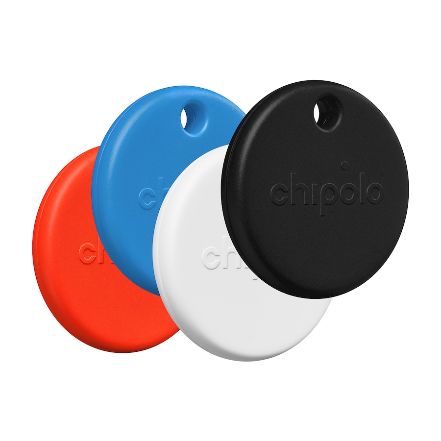 Image 732123.jpg, Product 732-123 / Price $119.99, Chipolo Pop Tracking Tag (works with Google’s Find My Device or Apple Find My; 4-pack; black, white, red, blue) from Chipolo on TSC.ca's Electronics department