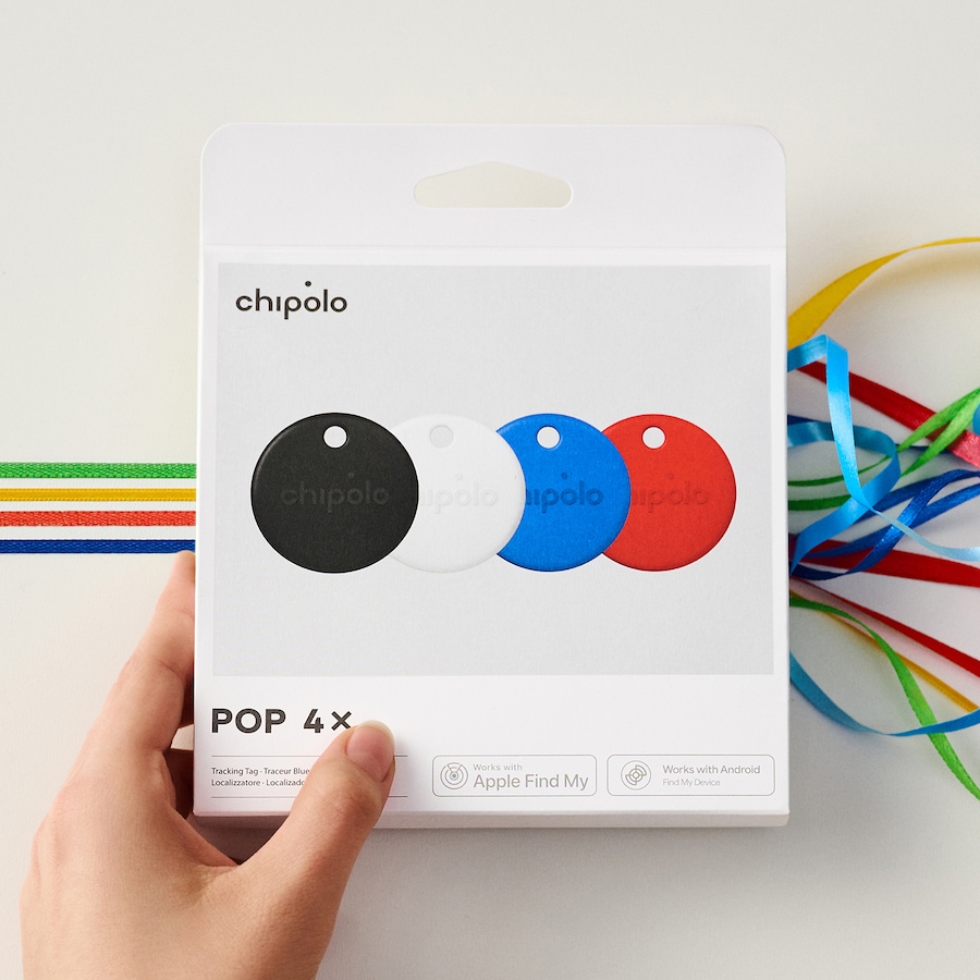 Image 732123_ALTMORE1.jpg, Product 732-123 / Price $119.99, Chipolo Pop Tracking Tag (works with Google’s Find My Device or Apple Find My; 4-pack; black, white, red, blue) from Chipolo on TSC.ca's Electronics department