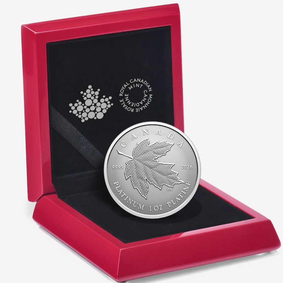 Image 732162_ALTMORE1.jpg, Product 732-162 / Price $6,999.95, 2026 $300 Maple Leaf Forever Pure Platinum Coin from Royal Canadian Mint (RCM) on TSC.ca's Coins department