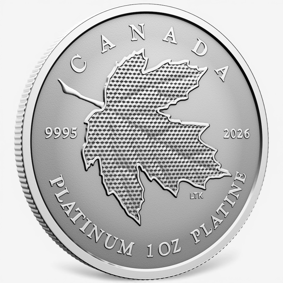 Image 732162_ALTMORE3.jpg, Product 732-162 / Price $6,999.95, 2026 $300 Maple Leaf Forever Pure Platinum Coin from Royal Canadian Mint (RCM) on TSC.ca's Coins department
