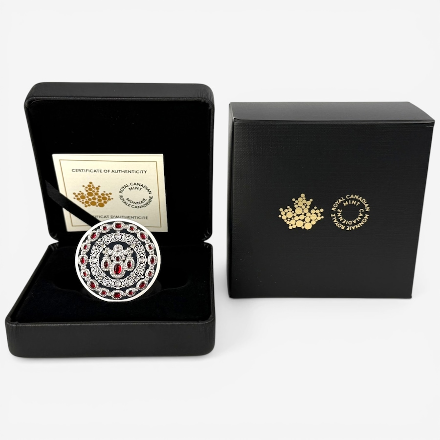 Image 732169.jpg, Product 732-169 / Price $369.95, 2026 $20 Fine Silver Tribute to Queen Elizabeth 100th Birthday Coin (1 oz fine silver enhanced with 20 red crystals and 27 white crystals) from Royal Canadian Mint (RCM) on TSC.ca's Coins department
