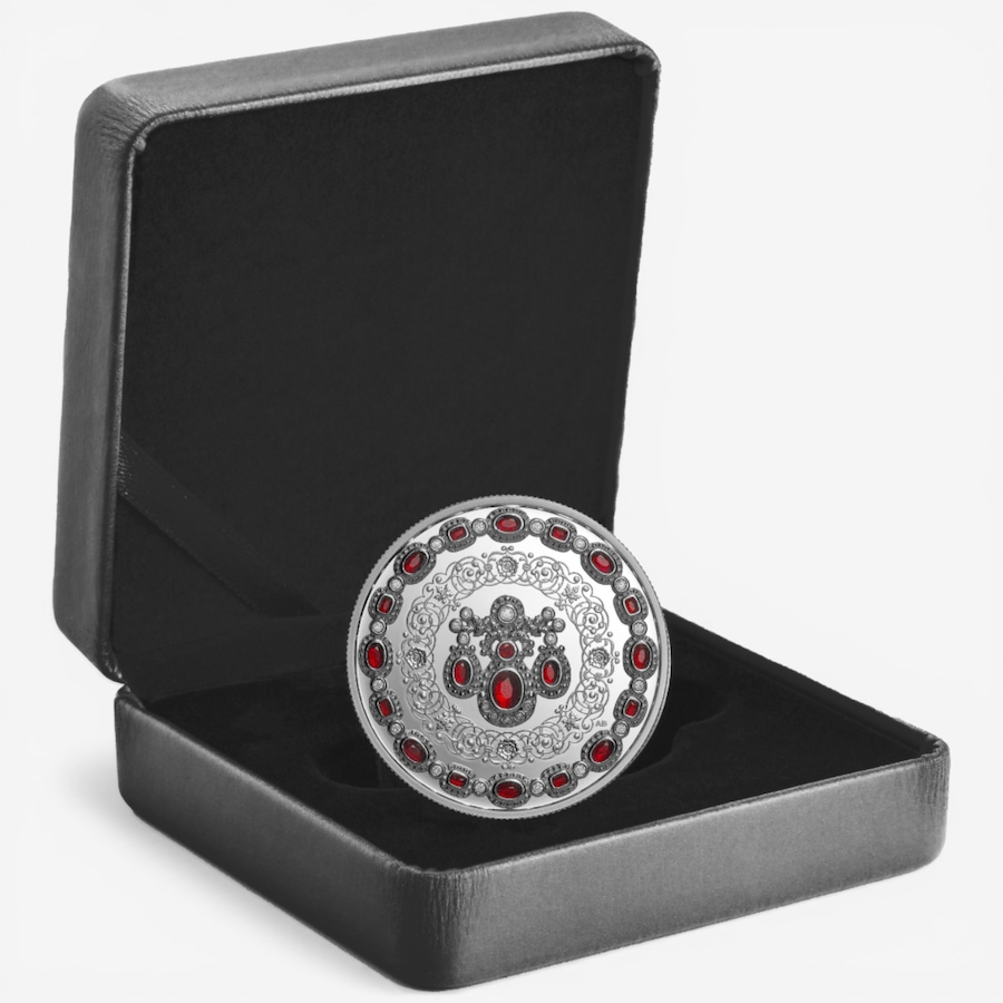 Image 732169_ALTMORE1.jpg, Product 732-169 / Price $369.95, 2026 $20 Fine Silver Tribute to Queen Elizabeth 100th Birthday Coin (1 oz fine silver enhanced with 20 red crystals and 27 white crystals) from Royal Canadian Mint (RCM) on TSC.ca's Coins department