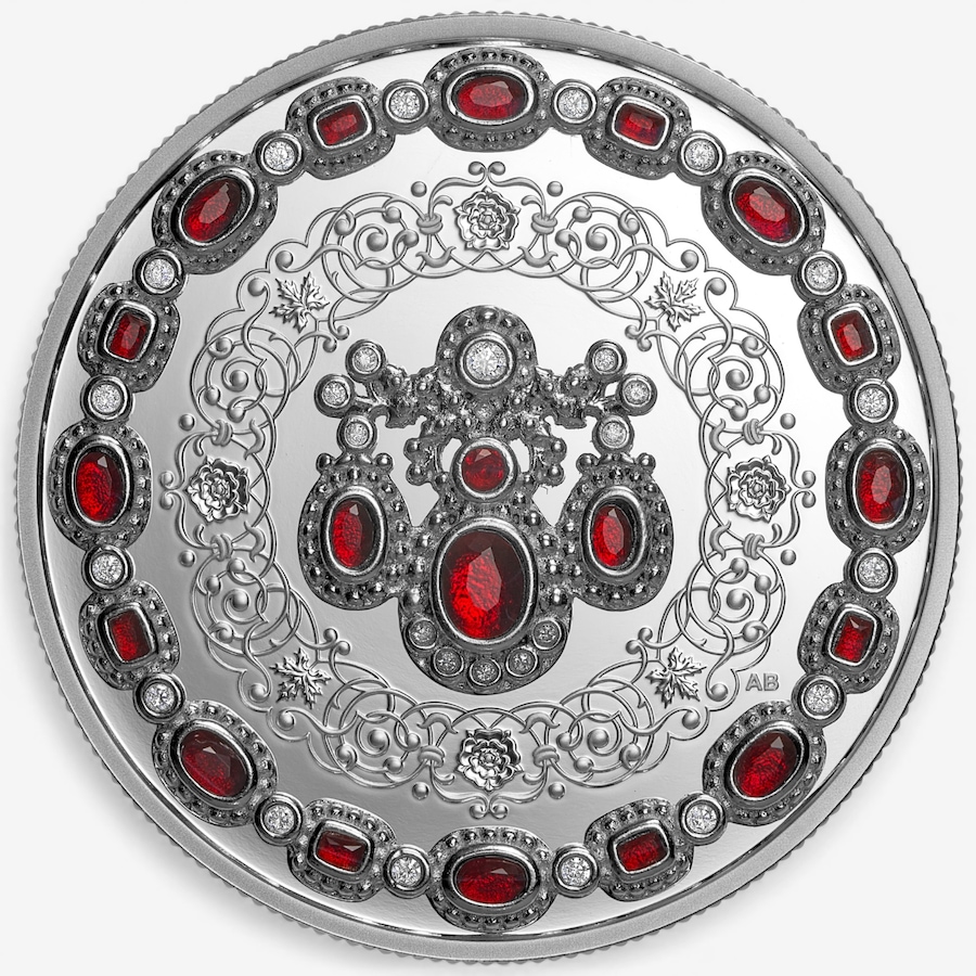 Image 732169_ALTMORE2.jpg, Product 732-169 / Price $369.95, 2026 $20 Fine Silver Tribute to Queen Elizabeth 100th Birthday Coin (1 oz fine silver enhanced with 20 red crystals and 27 white crystals) from Royal Canadian Mint (RCM) on TSC.ca's Coins department