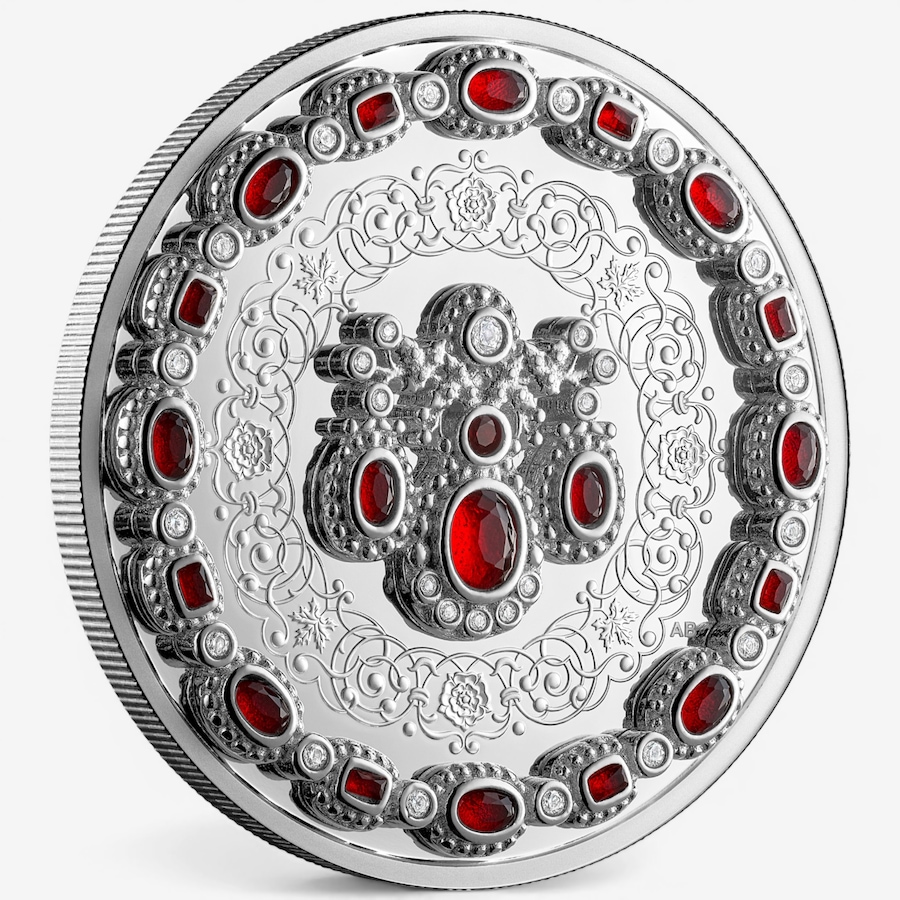 Image 732169_ALTMORE3.jpg, Product 732-169 / Price $369.95, 2026 $20 Fine Silver Tribute to Queen Elizabeth 100th Birthday Coin (1 oz fine silver enhanced with 20 red crystals and 27 white crystals) from Royal Canadian Mint (RCM) on TSC.ca's Coins department