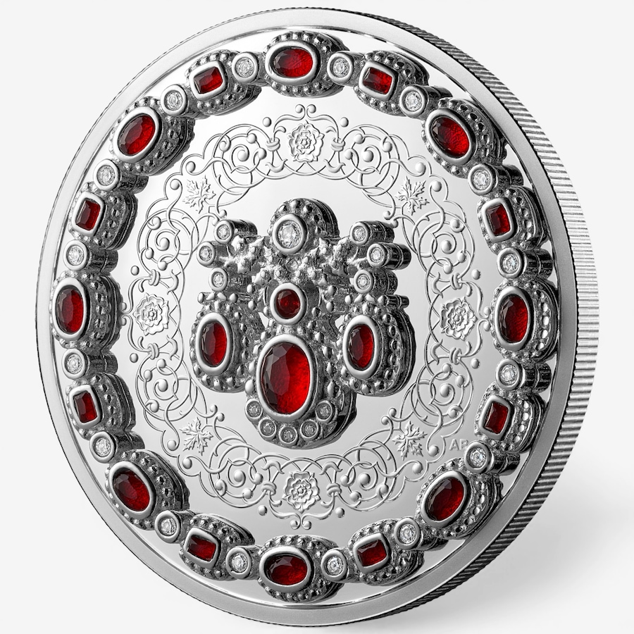 Image 732169_ALTMORE4.jpg, Product 732-169 / Price $369.95, 2026 $20 Fine Silver Tribute to Queen Elizabeth 100th Birthday Coin (1 oz fine silver enhanced with 20 red crystals and 27 white crystals) from Royal Canadian Mint (RCM) on TSC.ca's Coins department