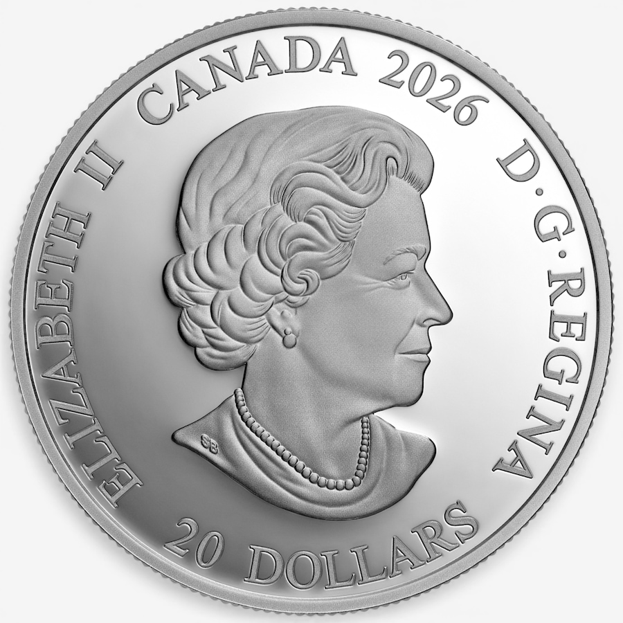 Image 732169_ALTMORE5.jpg, Product 732-169 / Price $369.95, 2026 $20 Fine Silver Tribute to Queen Elizabeth 100th Birthday Coin (1 oz fine silver enhanced with 20 red crystals and 27 white crystals) from Royal Canadian Mint (RCM) on TSC.ca's Coins department
