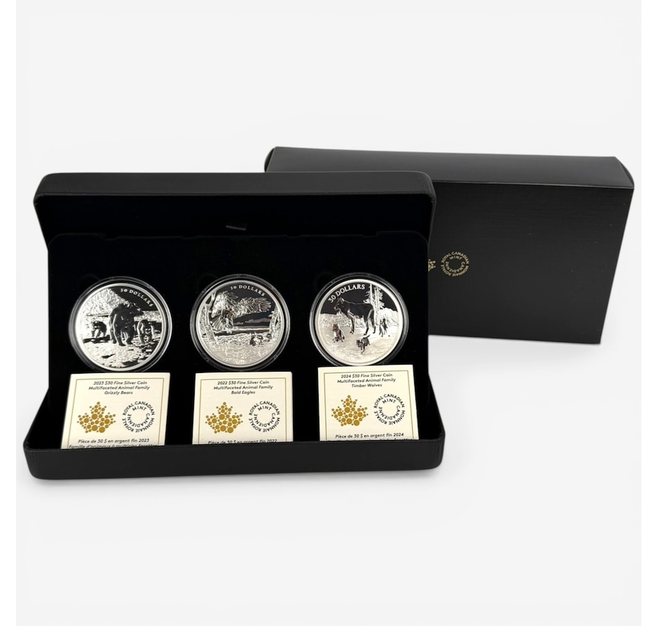 Image 732171.jpg, Product 732-171 / Price $1,199.95, Multifaceted Animal Family $30 Two-Ounce Fine Silver Coins (set of three: 2022 Bald Eagles, 2023 Grizzly Bears, 2024 Timber Wolves) from Canadian Coin & Currency on TSC.ca's Coins department