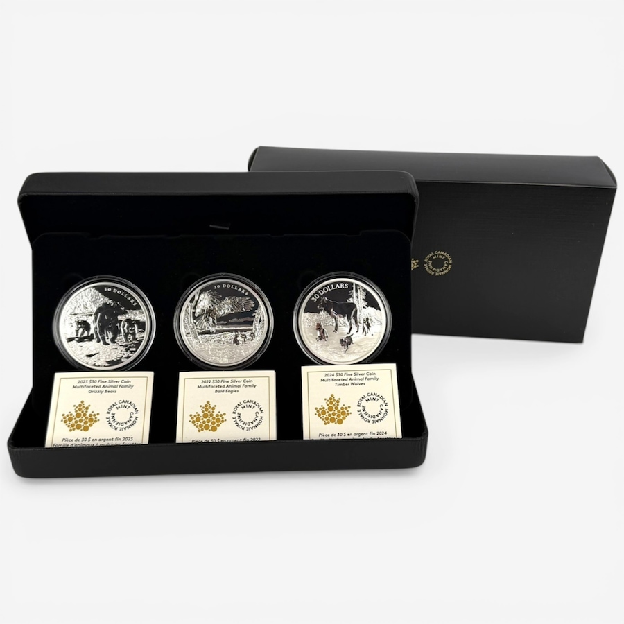 Image 732171.jpg, Product 732-171 / Price $1,199.95, Multifaceted Animal Family $30 Two-Ounce Fine Silver Coins (set of three: 2022 Bald Eagles, 2023 Grizzly Bears, 2024 Timber Wolves) from Canadian Coin & Currency on TSC.ca's Coins department
