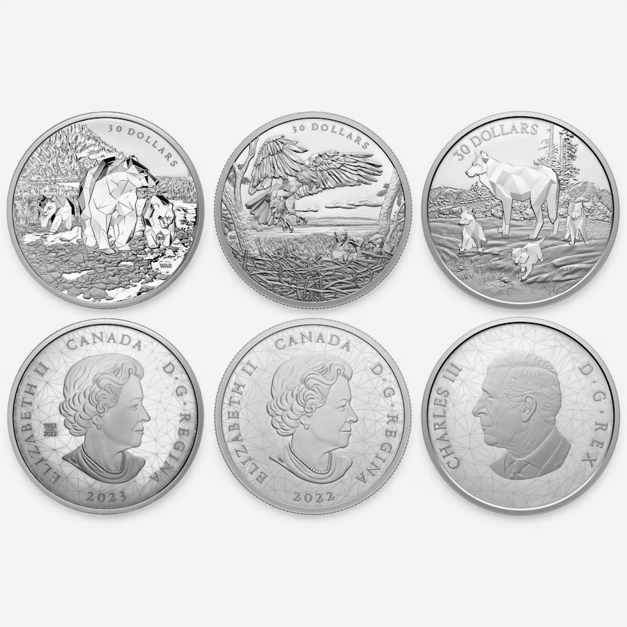 Image 732171_ALTMORE1.jpg, Product 732-171 / Price $1,199.95, Multifaceted Animal Family $30 Two-Ounce Fine Silver Coins (set of three: 2022 Bald Eagles, 2023 Grizzly Bears, 2024 Timber Wolves) from Canadian Coin & Currency on TSC.ca's Coins department