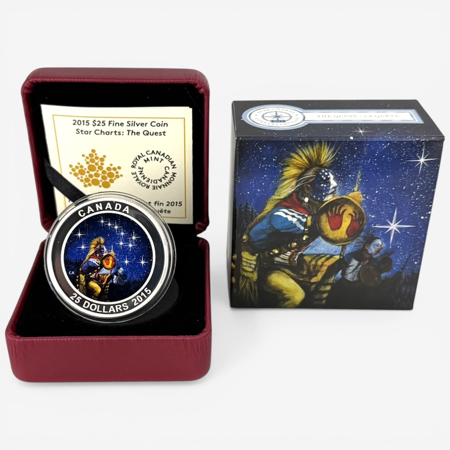Image 732172.jpg, Product 732-172 / Price $199.95, 2015 $25 Star Charts Series: The Quest 1 oz Fine Silver Coin (glow in the dark; includes black light) from Canadian Coin & Currency on TSC.ca's Coins department