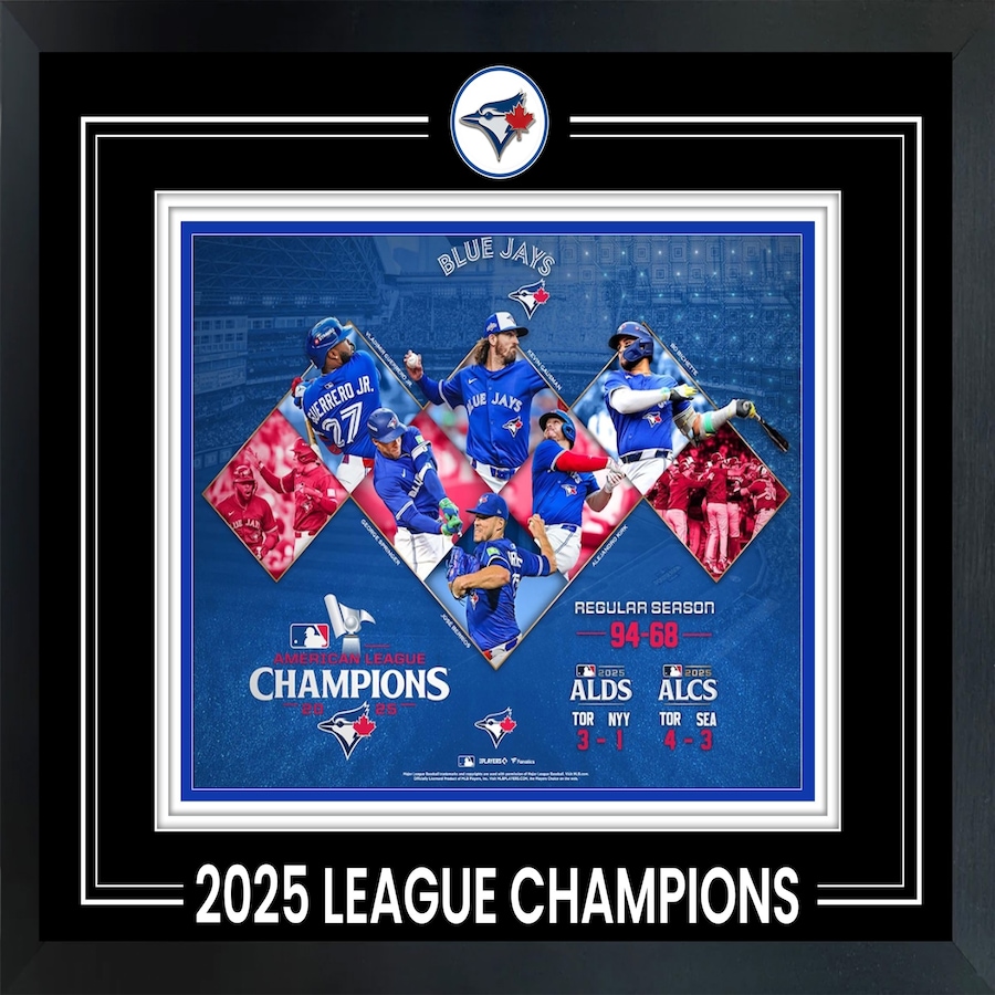 Image 732484.jpg, Product 732-484 / Price $100.00, Toronto Blue Jays 8" x 10" Photo Framed with Pin 2025 American League Champions Collage from Frameworth on TSC.ca's Sports department
