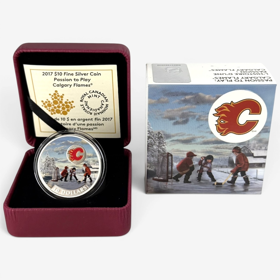 Image 732497.jpg, Product 732-497 / Price $89.95, 2017 $10 Fine Silver Passion to Play Calgary Flames from Royal Canadian Mint (RCM) on TSC.ca's Coins department