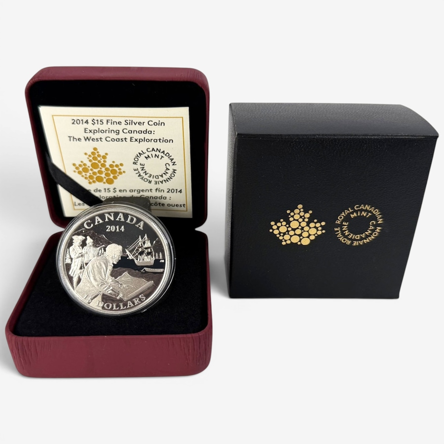 Image 732499.jpg, Product 732-499 / Price $129.95, 2014 $15 West Coast Exploring Canada Fine Silver Coin from Royal Canadian Mint (RCM) on TSC.ca's Coins department