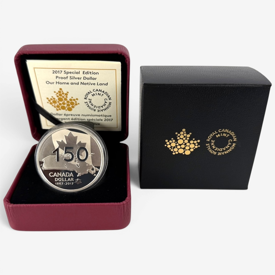 Image 732500.jpg, Product 732-500 / Price $129.95, 2017 Proof Silver Dollar Our Home and Native Land Canada 150 Special Issue from Royal Canadian Mint (RCM) on TSC.ca's Coins department