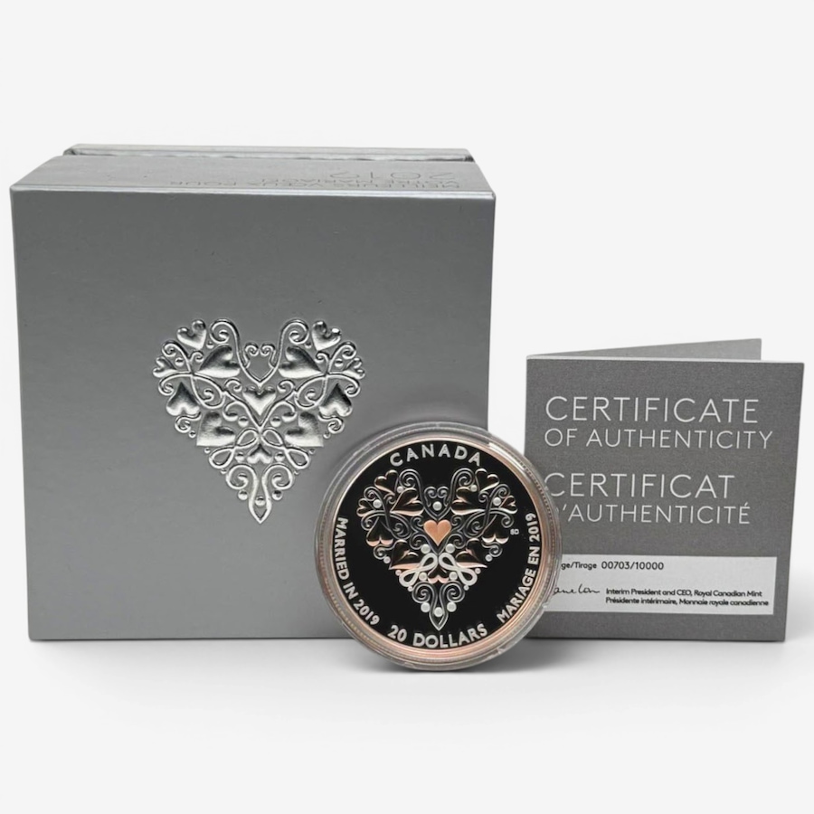 Image 732503.jpg, Product 732-503 / Price $209.95, 2019 $20 Fine Silver Proof Coin Best Wishes on Your Wedding Day from Royal Canadian Mint (RCM) on TSC.ca's Coins department