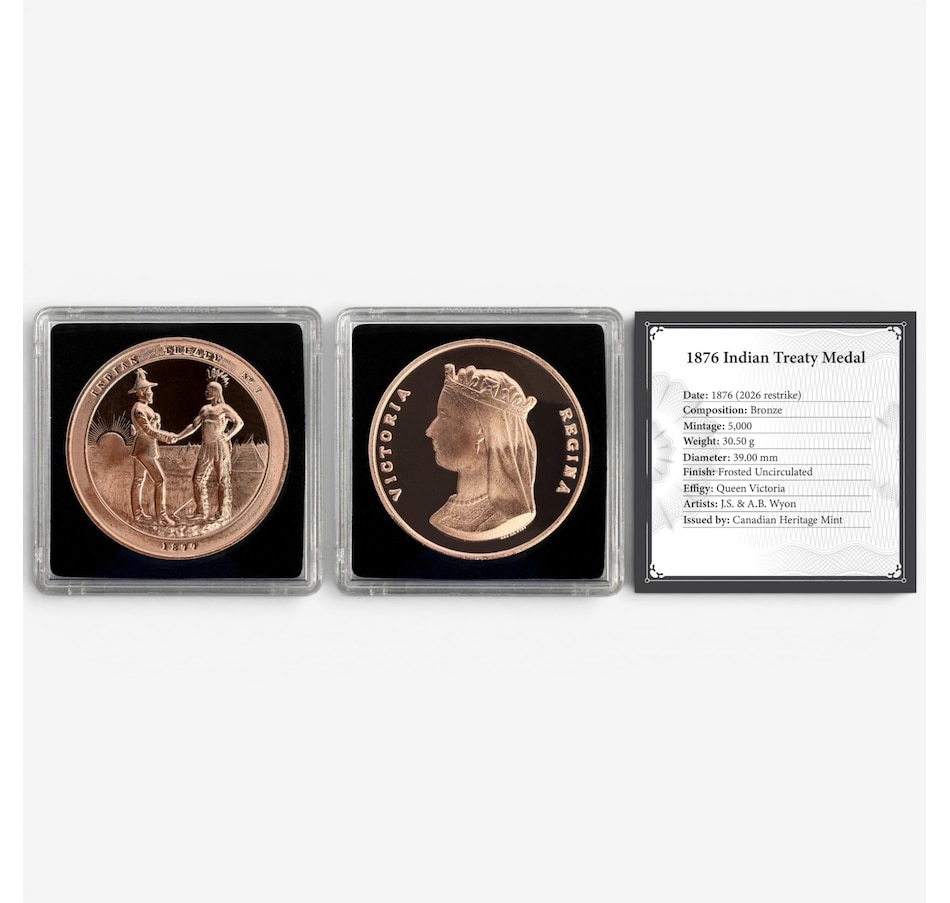 Image 732506.jpg, Product 732-506 / Price $23.95, 1876 Indian Treaty Medal Restrike 39-mm Small-Format Bronze Issue from Canadian Coin & Currency on TSC.ca's Coins department