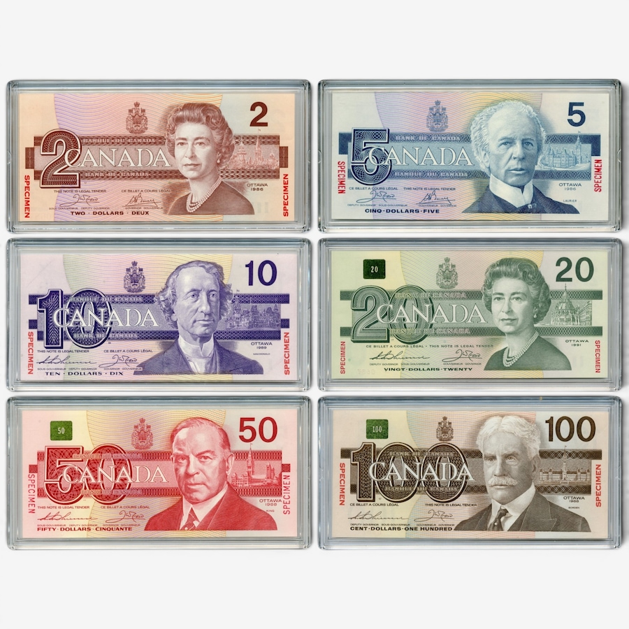 Image 732507.jpg, Product 732-507 / Price $4,295.00, Bird Series Specimen Banknote Set, Choice to Gem Uncirculated (6-piece collection, 1986–1991, $2–$100, serial numbers 0000000) from Canadian Coin & Currency on TSC.ca's Coins department